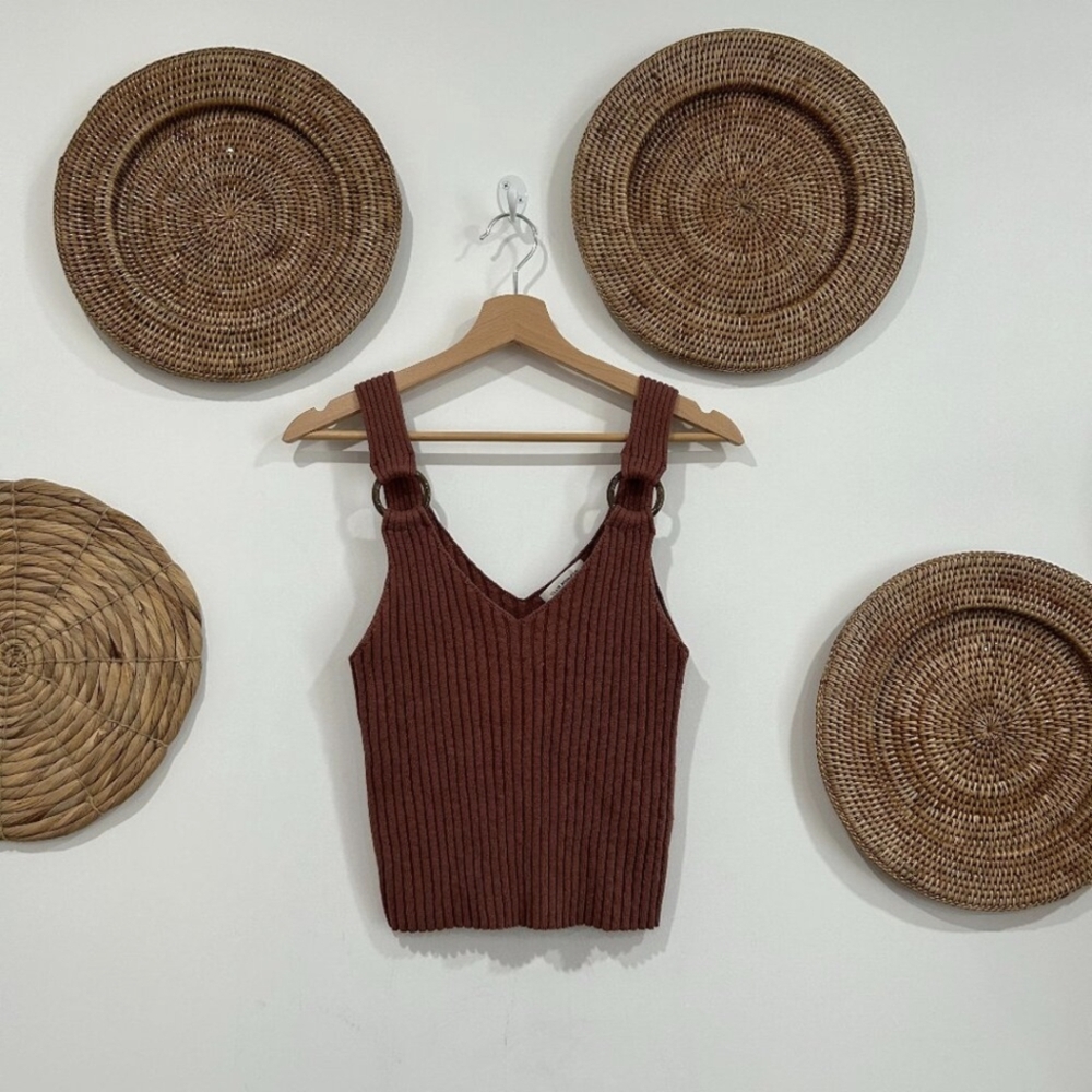 Club Monaco Neutral Brown Minimalist Ribbed Stretch Knit O-Ring Tank Top XS